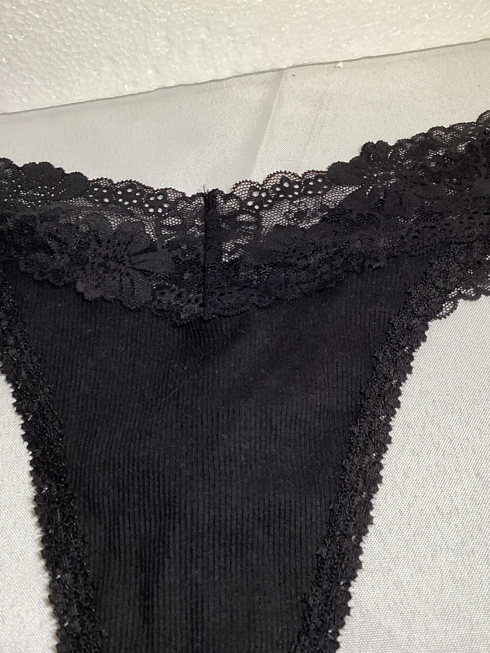 PINK Victoria's Secret Black Ribbed Lace Trim Thong